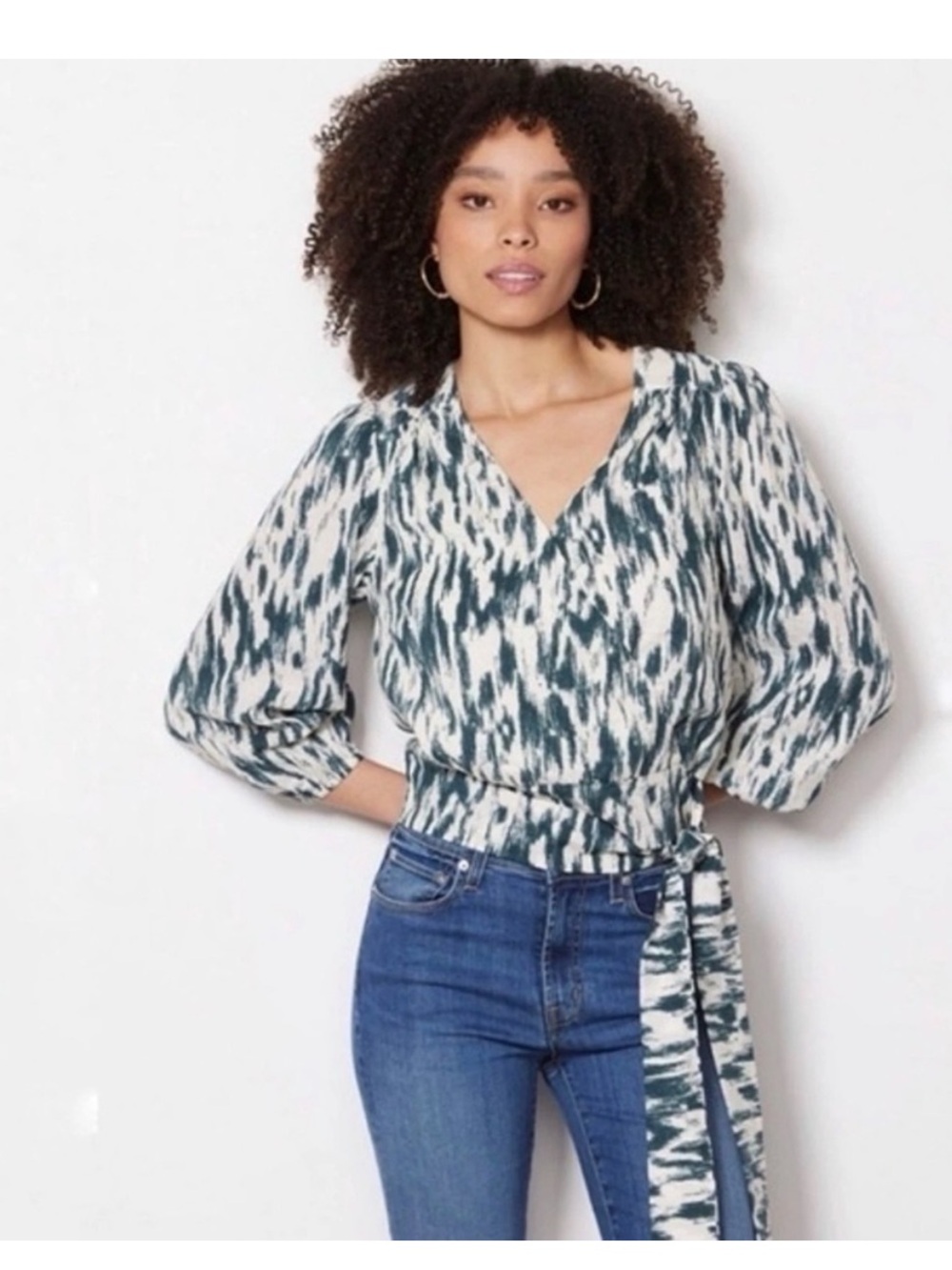 Evereve green ivory Ikat cotton blend wrap top - size L